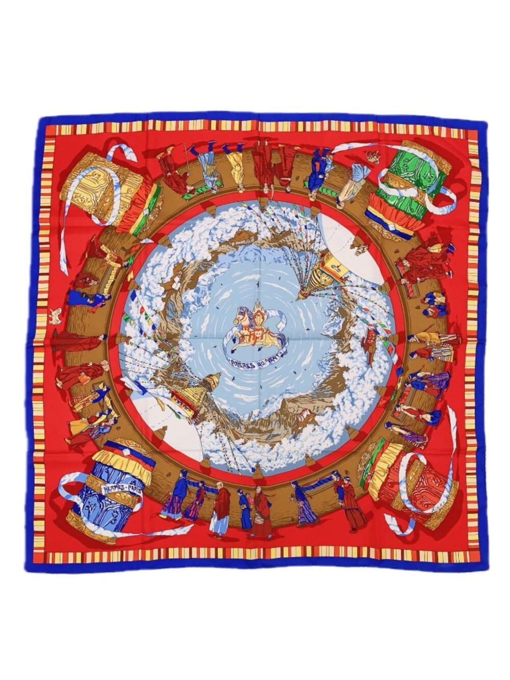Hermes Carre 90 Prieres AU Vent Prayer in the Wind Silk Scarf Red Blue